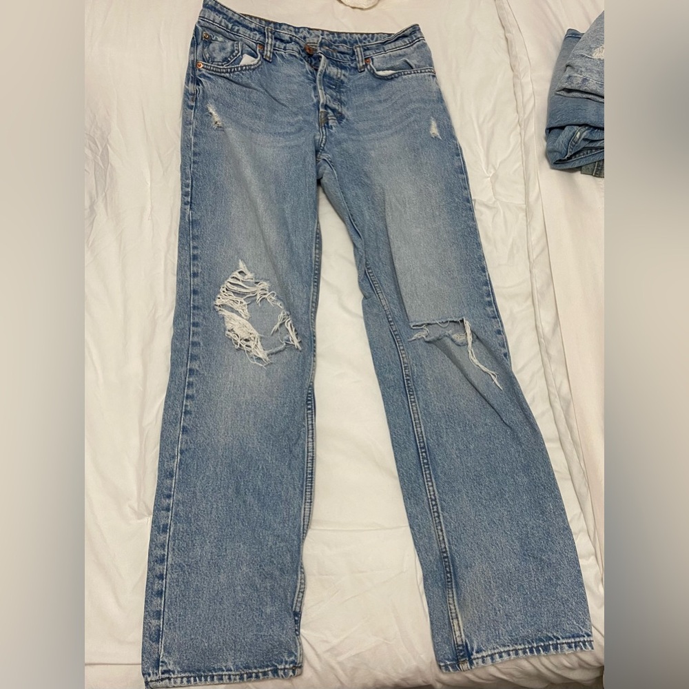 Zara Light Blue Distressed Straight Jeans